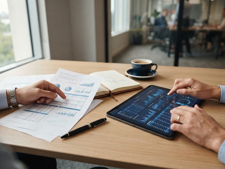 Close-up of hands reviewing physical and digital financial documents on a clean desk, soft natural office daylight, corporate blue tones, professional editorial photography