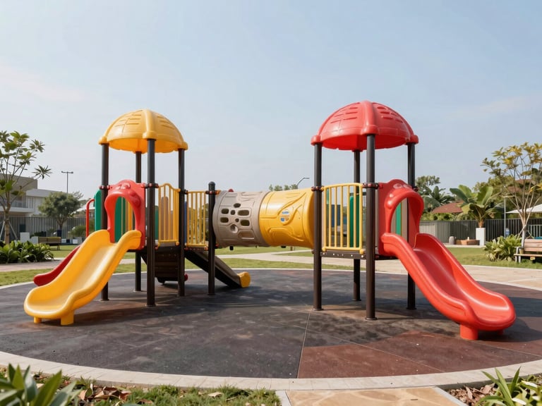 Wide-angle architectural photograph of a completed commercial outdoor playground installation in a public park, bright natural daylight, structural steel and vibrant PE plastic components visible, sharp focus.
