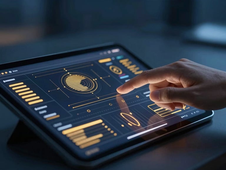 Close-up of a sleek, minimalist AI interface on a tablet, displaying complex data visualizations with golden accents. A hand gestures subtly towards the screen. Deep blue ambient lighting, shallow depth of field.