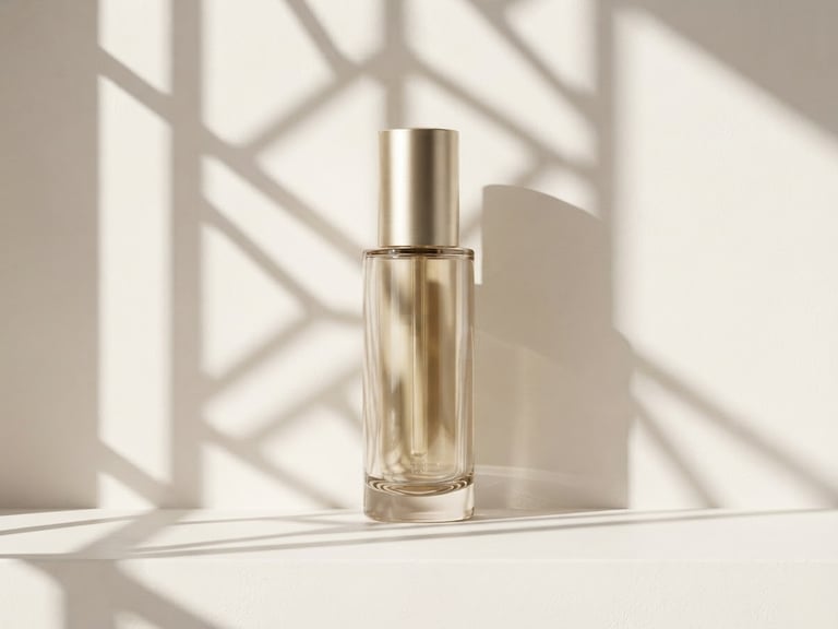 Minimalist high-end cosmetic bottle with sharp architectural shadows on a warm white background, clean studio lighting, 85mm