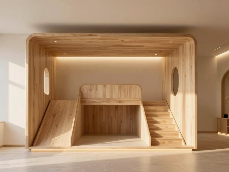 Minimalist elegant interior design of a luxury children play area, light oak wood structures, soft warm lighting, clean geometric shapes.