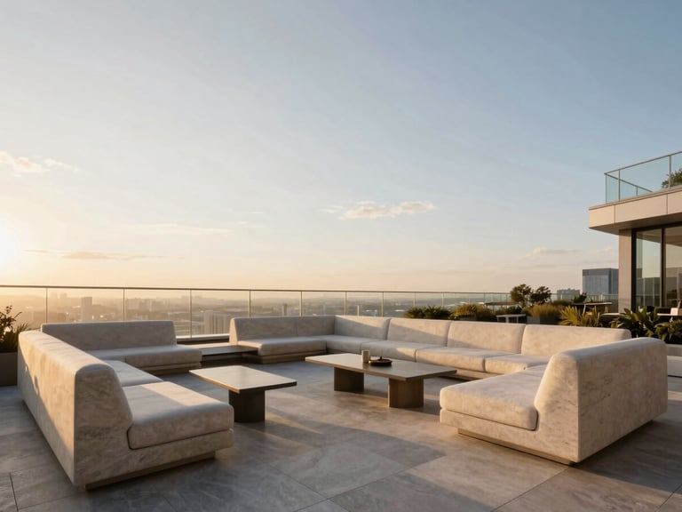 Wide-angle architectural vista of an ultra-luxury open-air sky lounge on a high-rise rooftop at golden hour, minimalist stone furniture, glass balustrades, expansive sky.