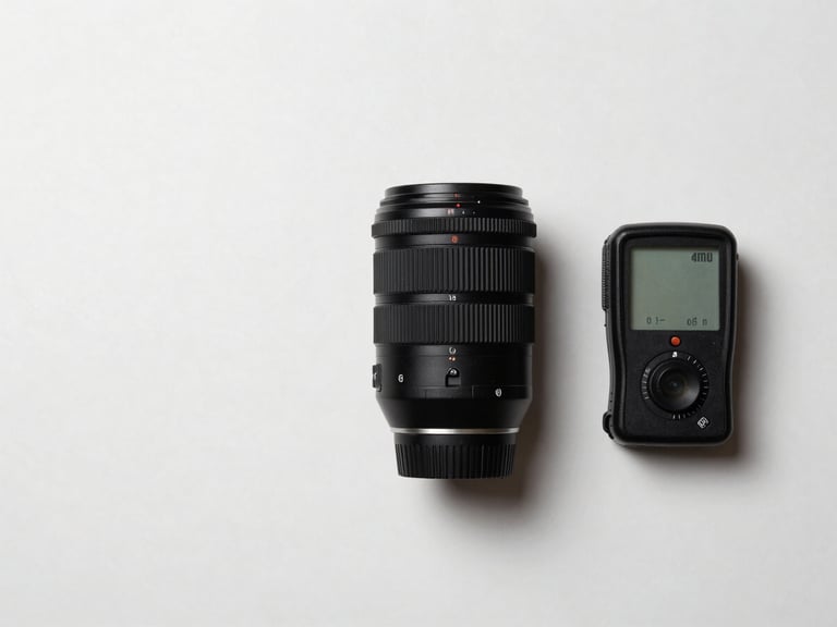 Overhead flat-lay: a single prime lens placed precisely on a matte white surface, one light meter beside it, hard shadows from above, high-key studio light, no other objects, no hands, minimal negative space on left, shot from directly above