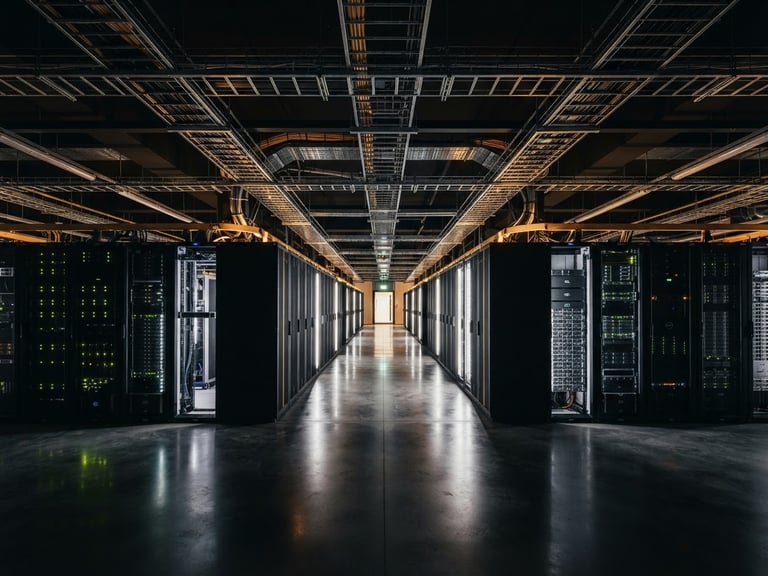 Symmetrical wide-angle shot of a modern European data center server hall with polished concrete floors, overhead cable containment trays, and dramatic technical gold and white lighting, 35mm photography