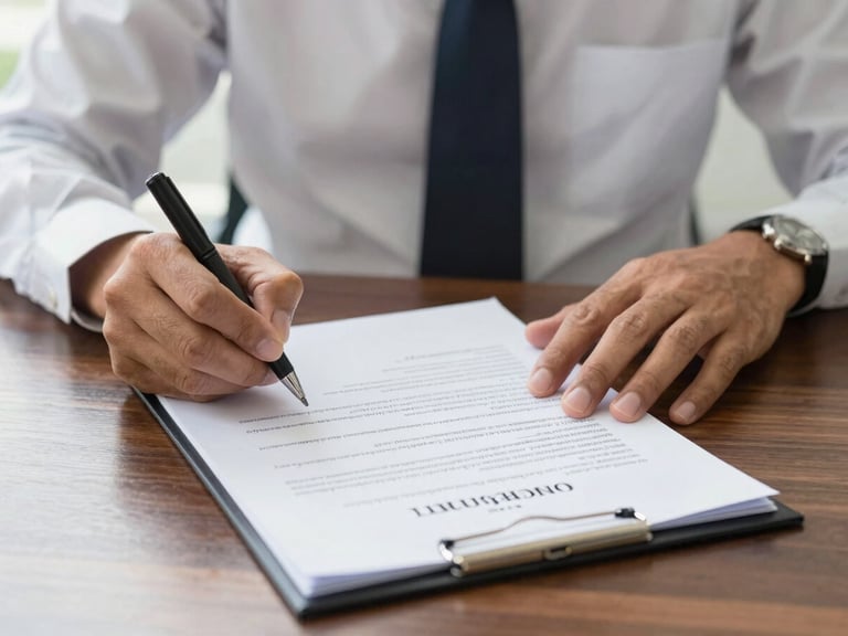Close-up of hands signing official Thai documents on a polished dark wood desk, professional setting, bright natural daylight, clean corporate tones, sharp focus, 35mm lens