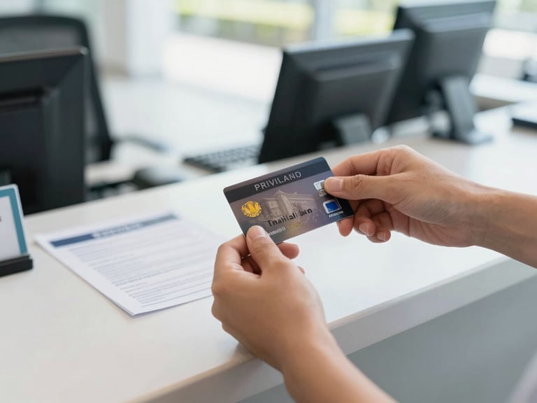 Close-up of a Thailand Privilege card being presented at a modern, clean immigration counter, pre-screened documentation, bright natural daylight, sharp focus.