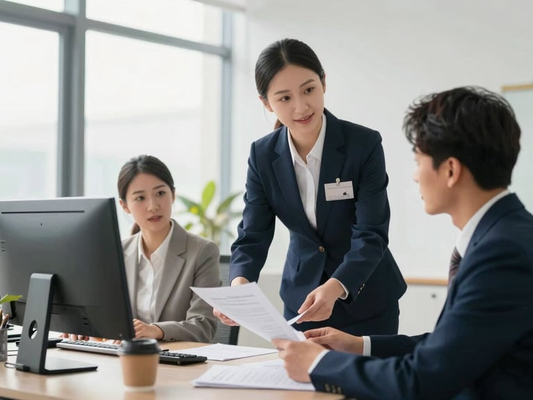 Professional concierge in a modern office assisting a client with documents, clean corporate environment, bilingual legal experts, bright natural daylight, sharp focus.