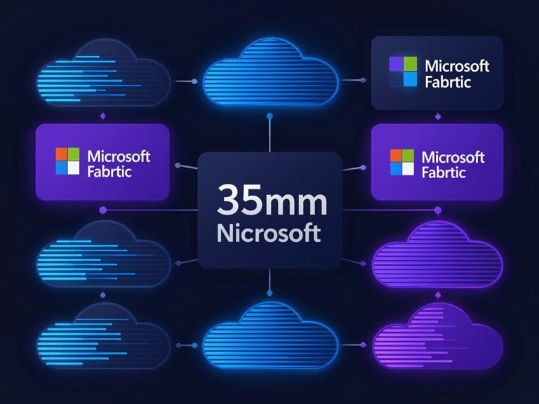 Représentation abstraite d'un flux de données complexe transitant entre différents services cloud (Microsoft Fabric), avec des lignes lumineuses bleues et violettes sur un fond sombre.