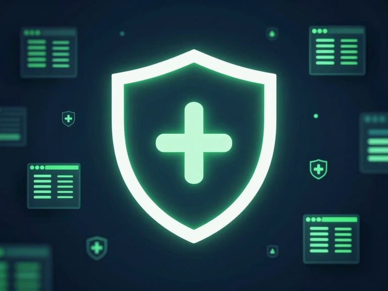 Image symbolique d'un bouclier numérique protégeant un réseau de données, avec des éléments d'interface utilisateur discrets et des lueurs vertes, lumière de studio.
