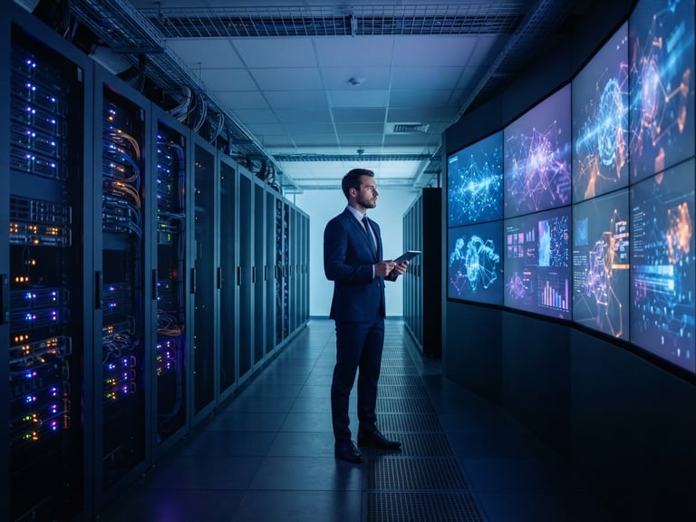 Wide shot of a sleek, modern server room with subtle blue and purple ambient lighting, showing abstract data flows on large screens, a professional in a dark suit observing, crisp studio light.