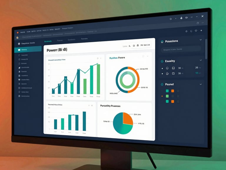 Close-up of a vibrant Power BI dashboard on a sleek monitor, showing clear, interactive charts and reports. Cool studio lighting with subtle orange and green ambient glows.