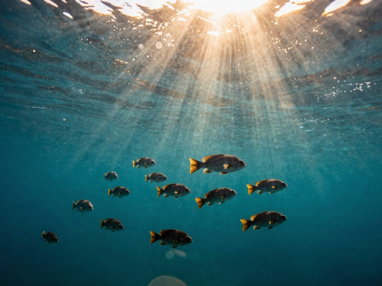 Cinematic underwater shot in Cabo de Palos, schools of groupers swimming through crystal clear turquoise water, sunbeams piercing the surface.