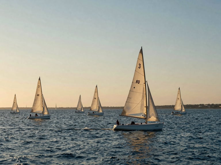 A fleet of sailing boats gliding across the calm blue waters of Mar Menor, soft morning light, distant horizon, cinematic composition.