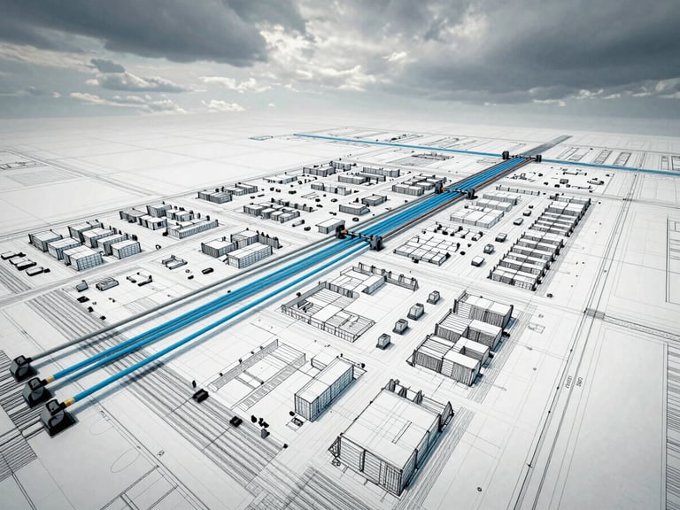 Orthographic technical view of a fiber optic routing diagram overlaying a site plan, cool desaturated tones with blueprint cyan highlights, wide-angle lens
