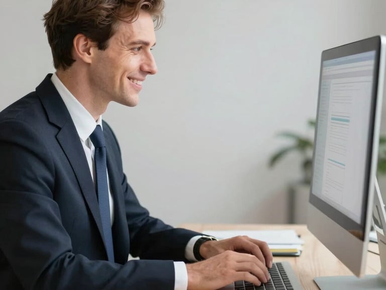 Over-the-shoulder view of Devon and a business owner seated side by side at a desk, both looking at a laptop screen showing a financial summary, warm overhead lamp, note-taking visible, Kelowna office, documentary framing