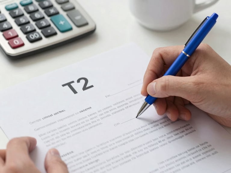 A hand using a blue pen to sign a corporate document on a desk with a calculator and coffee mug.
