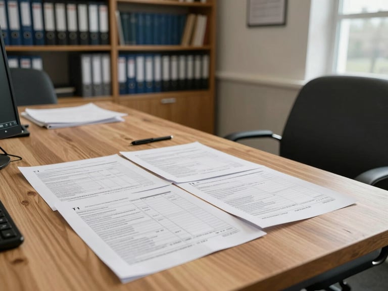 Wide office interior shot, Devon seated at a broad wooden desk reviewing printed T1 return forms under north-facing daylight, bookshelves of binders visible along the back wall, documentary candid framing