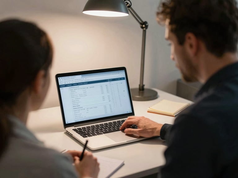 Over-the-shoulder view of Devon and a business owner seated side by side at a desk, both looking at a laptop screen showing a financial summary, warm overhead lamp, note-taking visible, Kelowna office, documentary framing