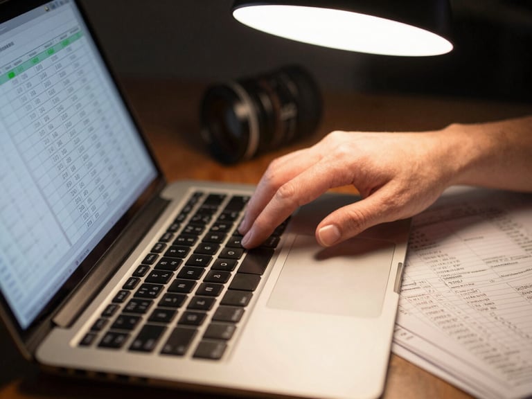 Close-up of Carley's hands entering figures into a spreadsheet on a laptop, warm overhead office lamp light, printed bank statements fanned beside the keyboard, shallow depth of field