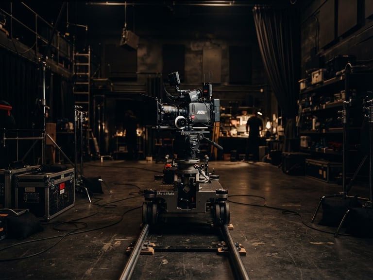 Cinematic wide-angle shot of a professional camera rig on a dolly track inside a high-contrast industrial studio, dramatic low-key lighting with warm bronze highlights and deep shadows, 35mm anamorphic lens.