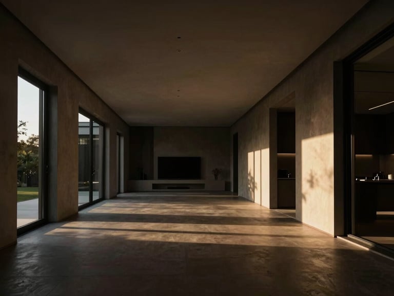 Wide cinematic architectural shot of a modern luxury home interior at golden hour, deep shadows, high contrast, clean lines.