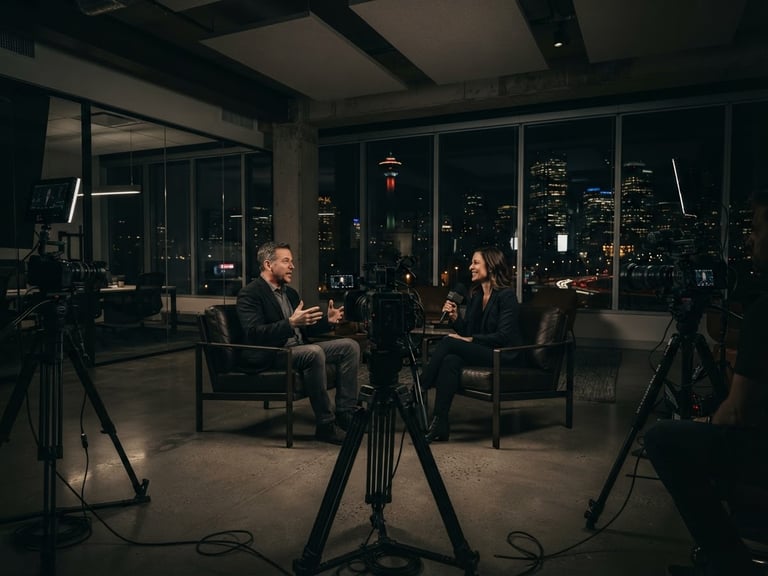 Wide cinematic environmental shot of a professional multi-camera interview setup in a modern downtown Calgary office, dramatic low-key lighting, deep shadows, 35mm anamorphic lens.