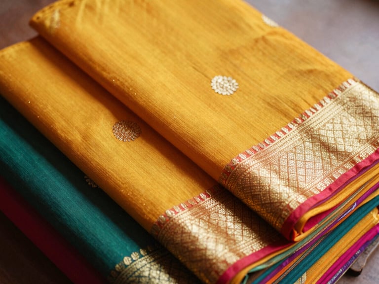 Detailed close-up of vibrant hand-selected silk sarees stacked neatly, focusing on gold embroidery and rich textures, warm natural lighting, 35mm style