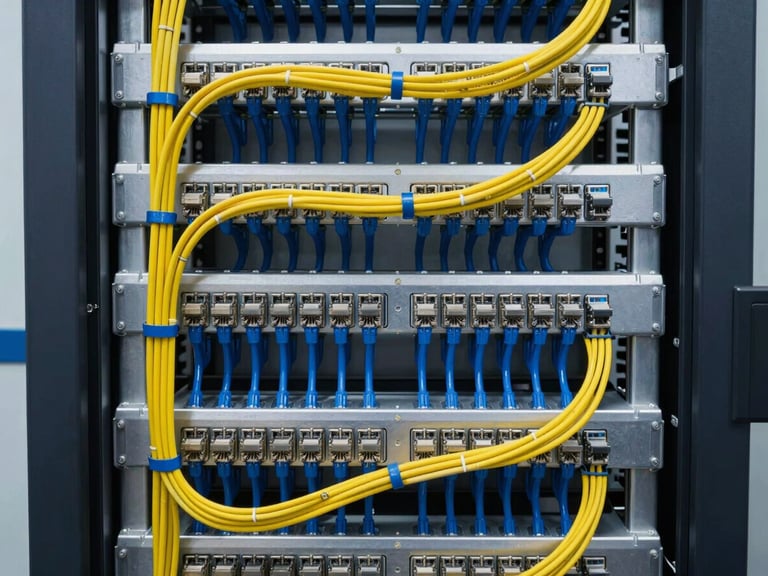Straight-on architectural photograph of a meticulously dressed server rack, color-coded yellow and blue ethernet cables bundled in perfect parallel lines, clean industrial silver patch panels.