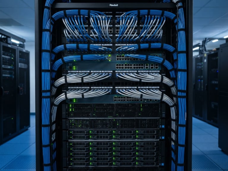 Straight-on crisp commercial shot of an immaculate server rack with perfectly dressed blue and silver Cat6A cables, glowing green status LEDs, 35mm lens.