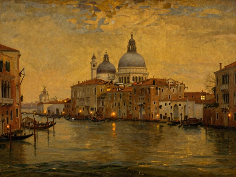 Close-up of an 18th-century oil painting depicting Venice Grand Canal, rich golden varnish, fine craquelure texture, warm candlelight illumination