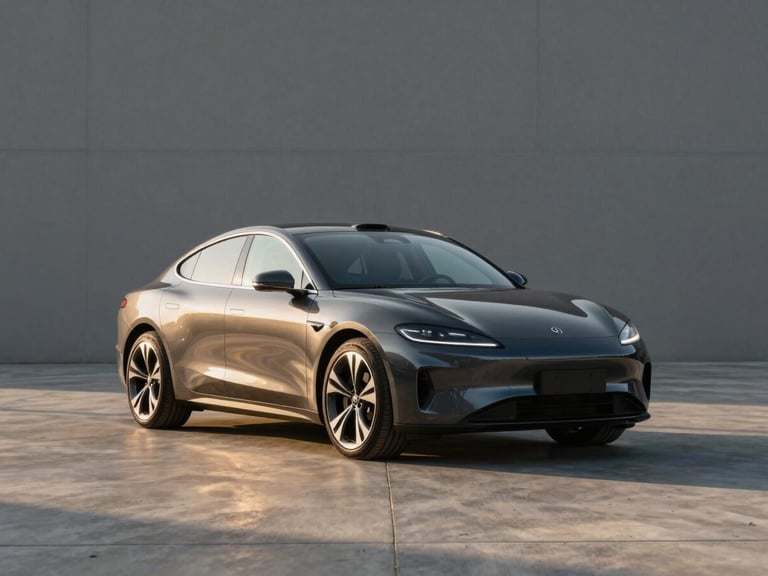 Medium-wide environmental shot of a clean dark-coloured premium vehicle parked on a smooth concrete surface, front three-quarter view, natural golden-hour light from the left casting a long soft shadow, vehicle freshly detailed with no occupants, empty background wall of matte grey, generous negative space above the roofline