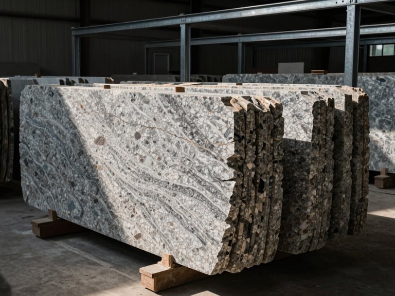 Wide-angle shot of stacked premium granite and marble slabs inside a professional stone yard, dramatic directional sunlight catching the polished edges, raw steel structural frames in the background.
