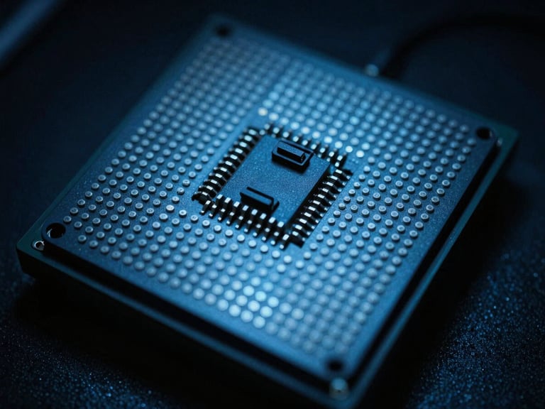 Macro shot of an optical quantum processor, cold blue light, high contrast, dark tones, 35mm