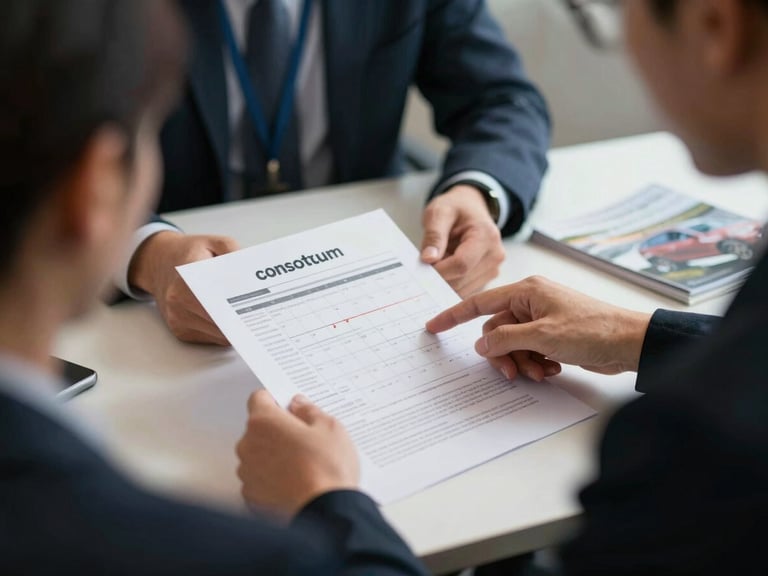 Over-the-shoulder frame of two people at a table, one pointing to a printed consortium timeline document, natural office daylight from the side, a vehicle brochure visible at the edge of the desk, deliberate and focused atmosphere