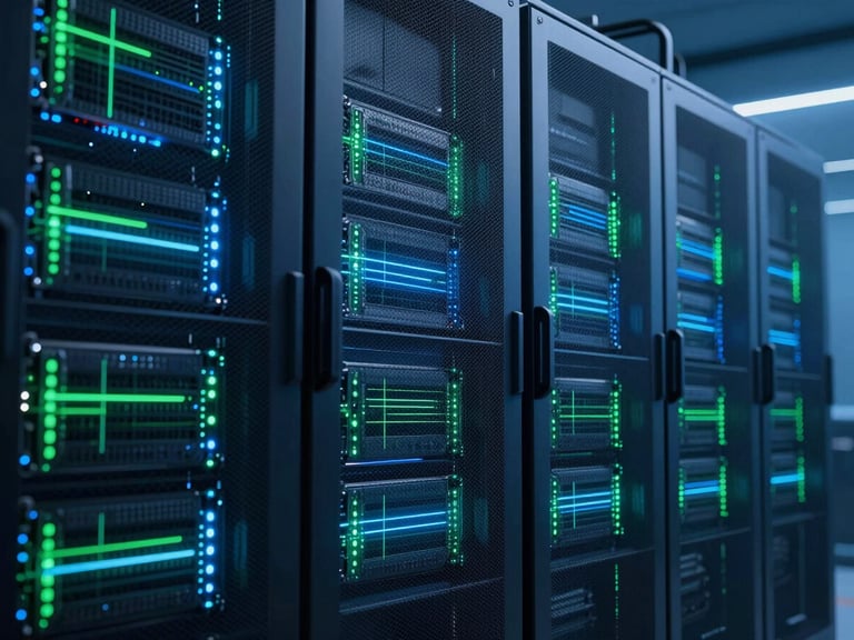 Sleek high-tech server room with glowing blue and green data streams, ultra-modern financial technology architecture, sharp focus, 35mm lens