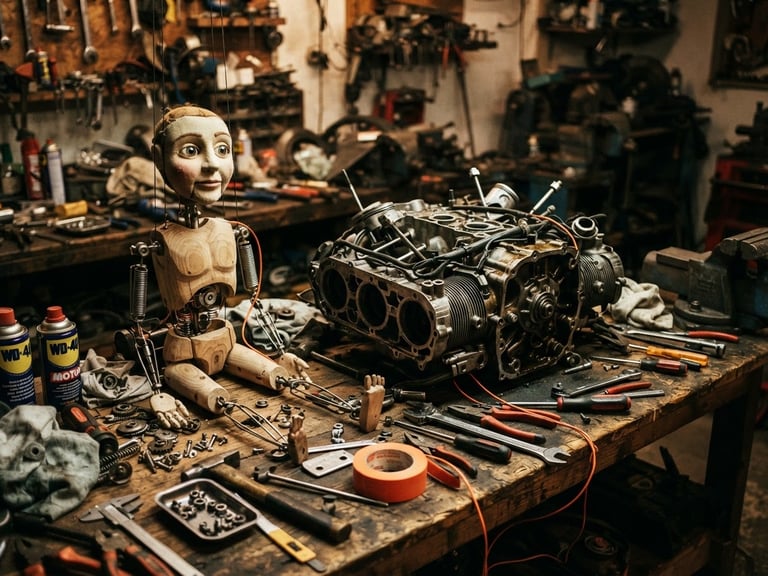 Gritty 35mm film shot of a workshop table with a half-assembled puppet next to a Porsche engine block, tools scattered, safety-orange highlights
