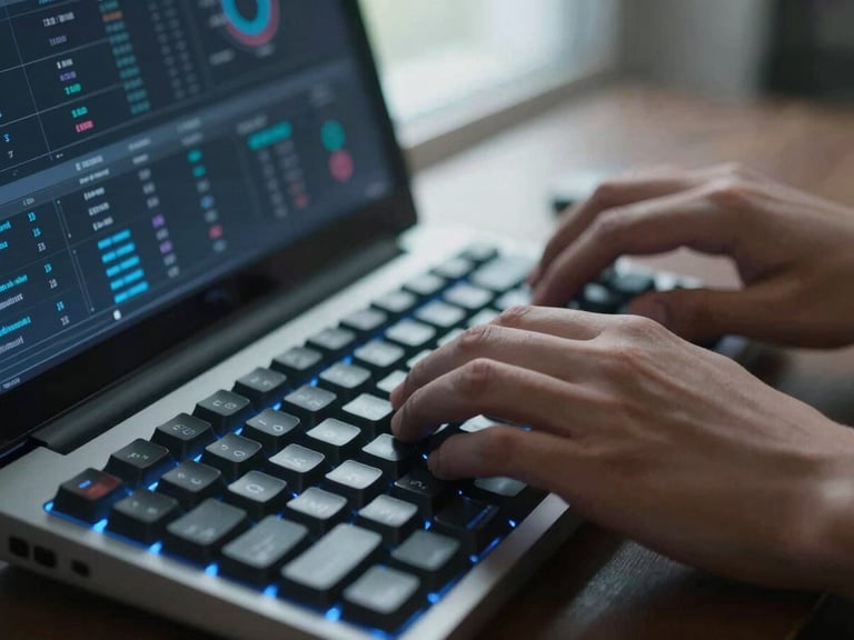 Tight macro shot of hands on a mechanical keyboard next to a glowing screen displaying real-time marketing analytics, sharp electric blue accent lighting, cool tones