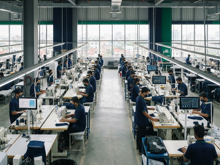 Wide shot of a modern, clean factory floor in Dhaka with subtle tech interfaces on screens, bright natural daylight, deep navy and emerald accents.