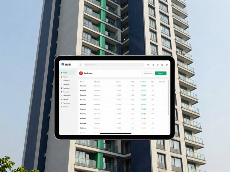 Modern architectural lines of a high-rise residential building in Dhaka, a clean tablet interface showing real estate inventory, bright natural daylight, deep navy and emerald accents.