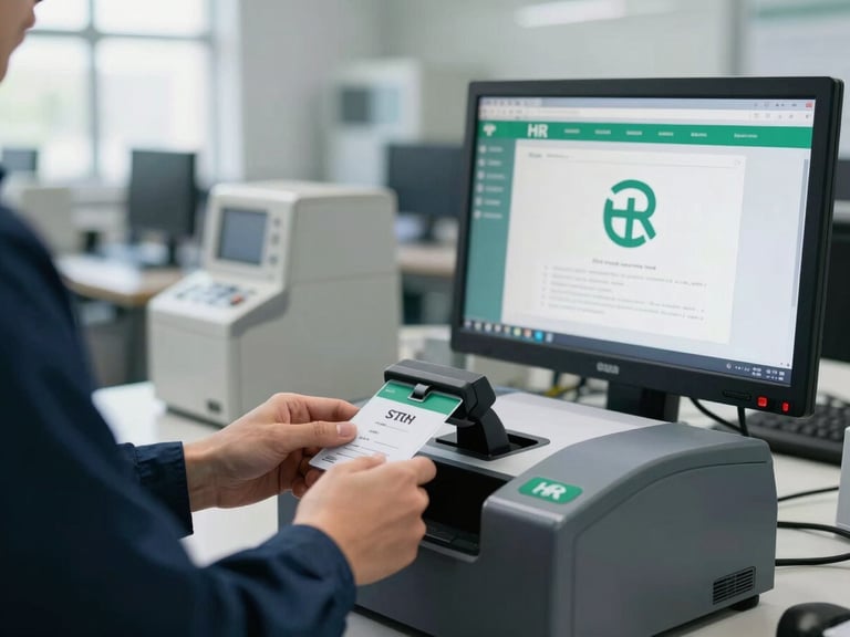Close-up of a factory worker's ID card being scanned at a time clock, a clean HR software interface on a monitor, modern factory office environment, bright natural daylight, deep navy and emerald accents.