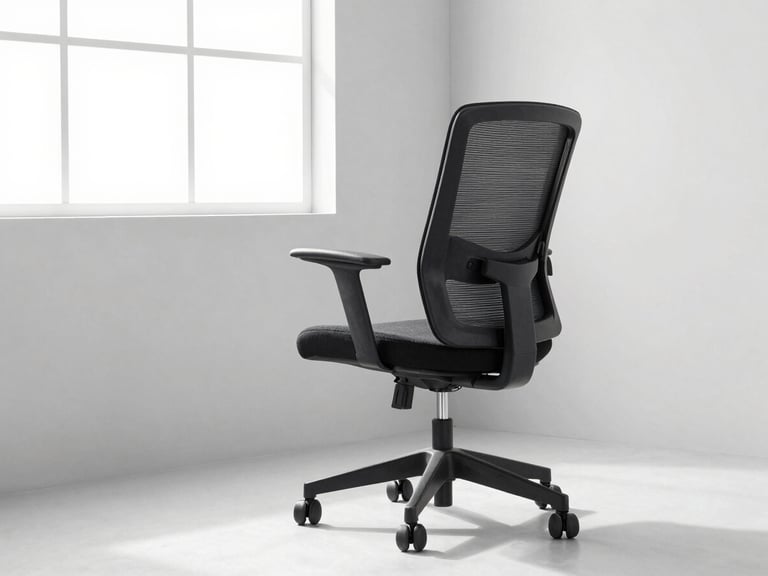 Silla de oficina ergonómica en un espacio de trabajo minimalista, luz de ventana brillante, fondo gris claro neutro