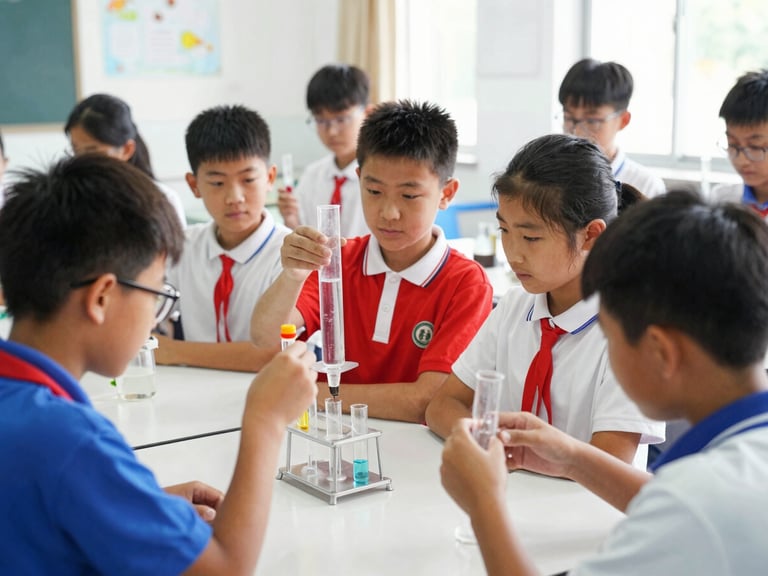 Candid medium shot of grade eight students conducting a simple water filtration experiment in a bright science lab, natural light, 35mm lens