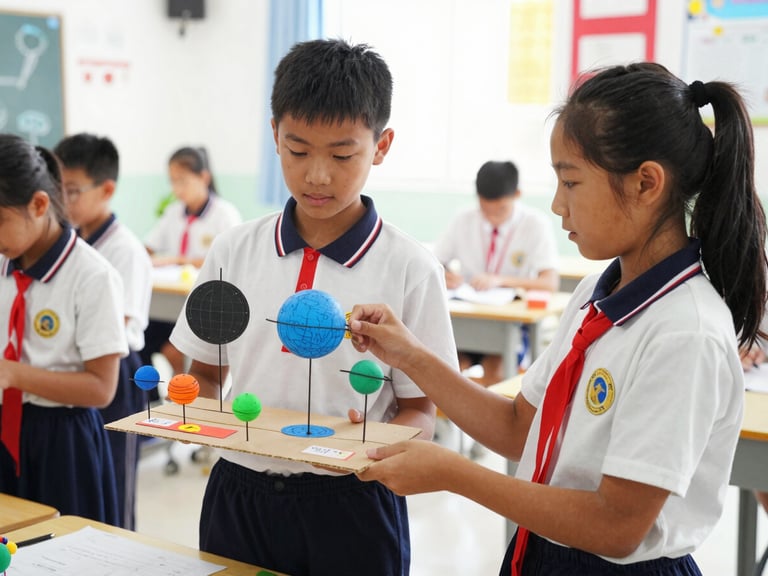 Two upper primary students, a boy and a girl, proudly presenting their handmade solar system model at a school science fair, bright natural indoor light, candid medium shot, warm documentary photography, 35mm lens.