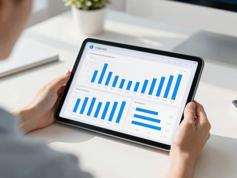 Over-the-shoulder shot of a person using a tablet in a sunlit modern workspace, displaying a clean digital interface with blue bar charts and financial calculations, shallow depth of field, 35mm.