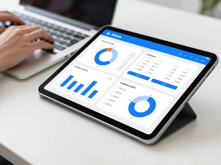 Tablet screen displaying clean interactive data charts and legal calculation graphs, bright natural light, hands typing on a laptop keyboard in the background, 35mm