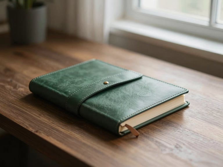 A calm, organized workspace with a dark wood desk, a leather-bound journal, and soft window light illuminating the scene, shallow depth of field.