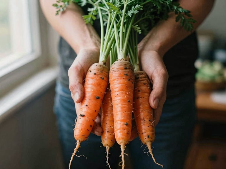 Dirt-caked hands holding freshly harvested heirloom carrots, shallow depth of field, warm natural light, rich earthy tones, 35mm film.