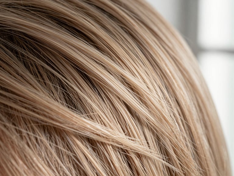 Macro shot of hair texture showing rich dimensional warm tones and high shine, soft studio light
