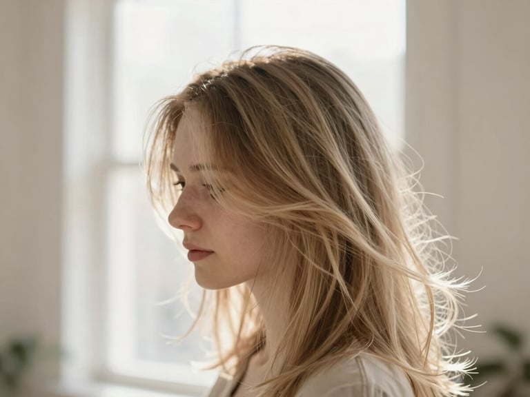 Soft focus shot of healthy, flowing hair with natural movement, catching warm window light