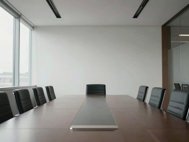 Wide environmental shot of an empty modern corporate boardroom, soft natural window light, muted desaturated tones, 35mm lens, generous negative space.